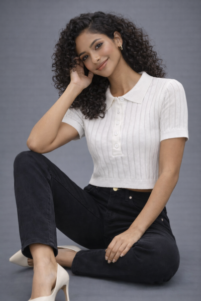 Ribbed Knit Polo Crop Top