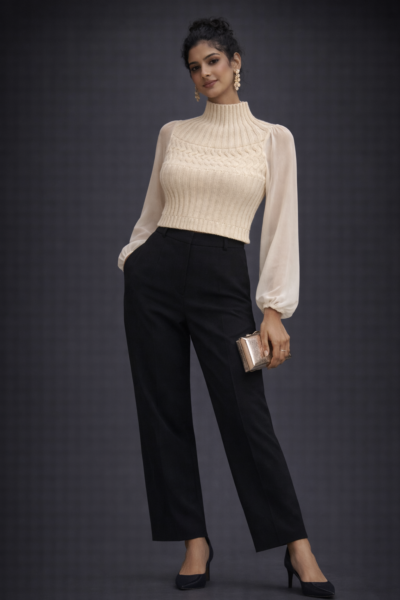 Cable Knit Sheer Sleeve Cropped Top