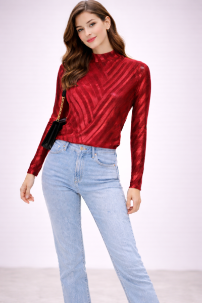 Maroon red striped mock-neck top